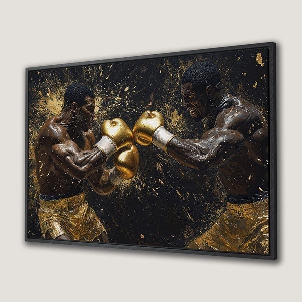 Framed Wall Art: Dynamic boxing scene in gold and black. Dramatic, artistic Canvas Print featuring two fighters in action. Elevate your decor!
