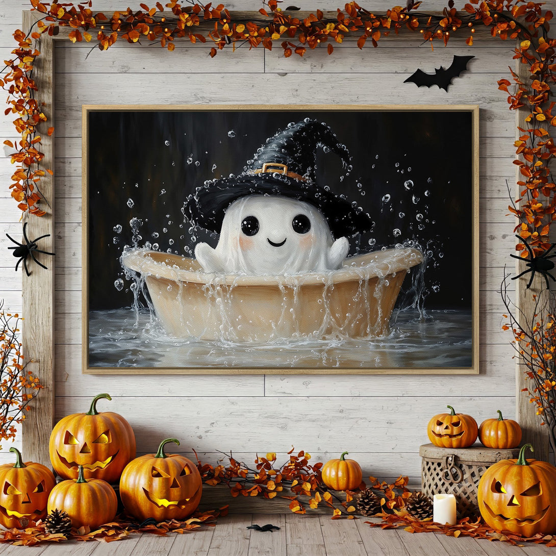 Framed Wall Art: Adorable ghost in a witch hat taking a bath. Halloween decor with warm orange and black color palette. Perfect for fall!