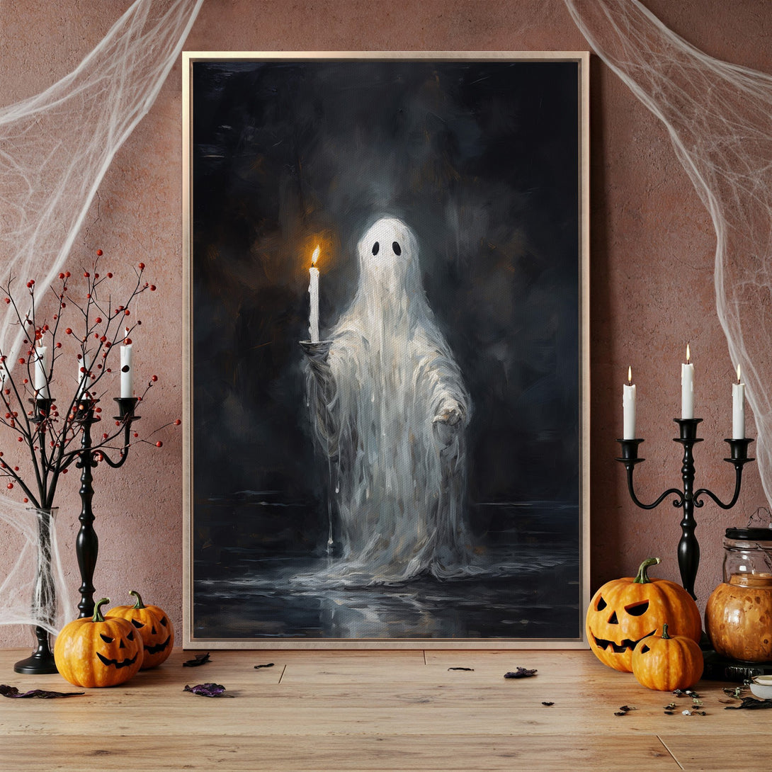 Framed Wall Art: Spooky ghost painting with a candle, dark and moody color palette perfect for Halloween decor. Add a touch of eerie elegance to your space.