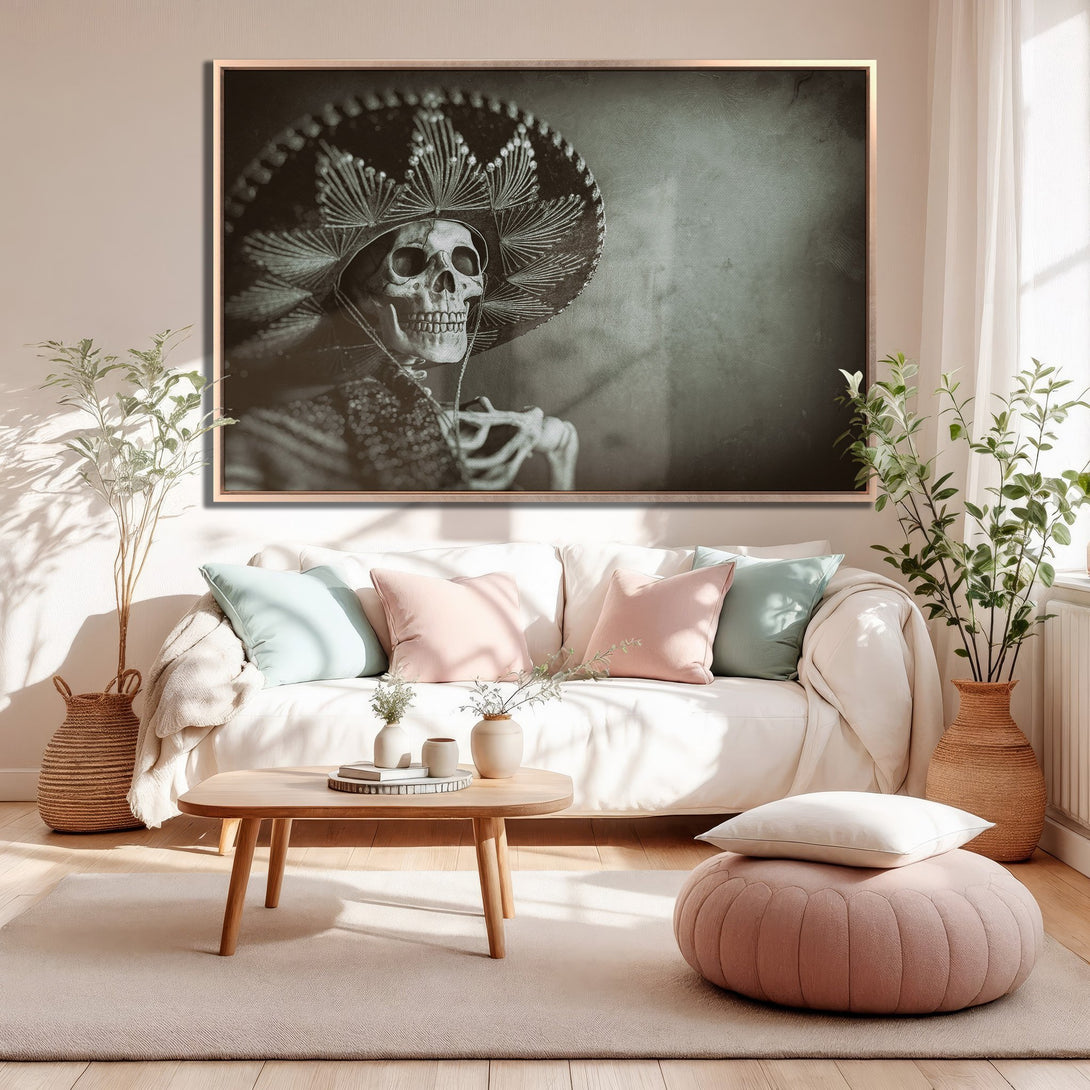 Framed Wall Art featuring a skeleton in a sombrero. Vintage style artwork in muted green and neutral tones, perfect for adding a unique touch to your home.