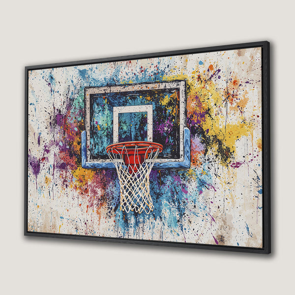 Framed Wall Art: Abstract basketball hoop art with vibrant splashes of color. Modern canvas print for a stylish home decor upgrade.