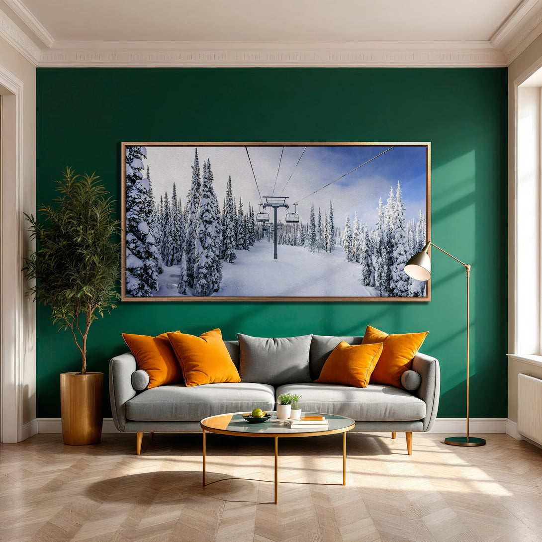 Framed Wall Art: Winter ski scene in a modern living room, featuring a snowy landscape with a blue sky. Color palette: green, white, orange.
