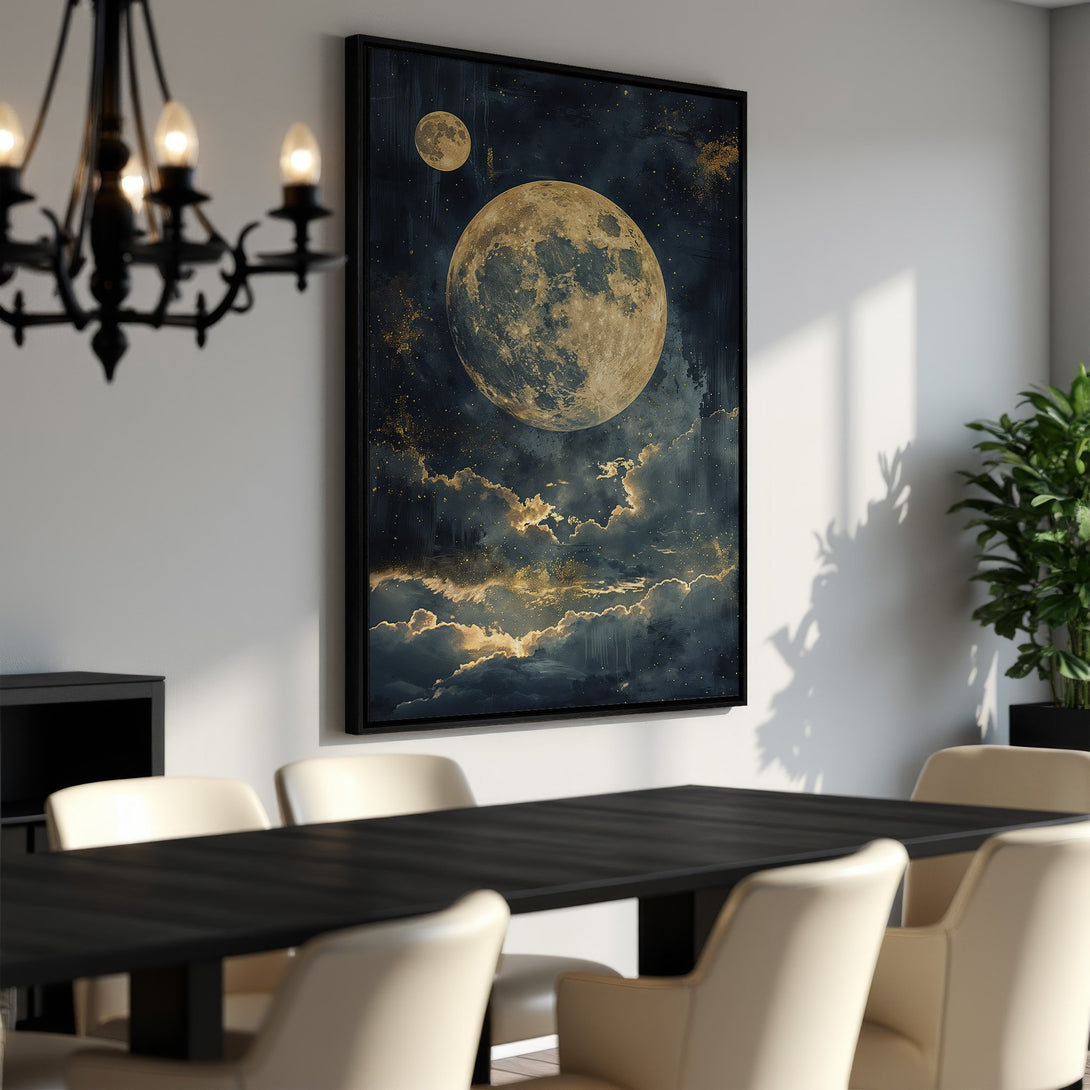 Framed Wall Art featuring a celestial moonscape in a dark blue and gold palette. Modern art canvas print adds a touch of elegance to any interior.