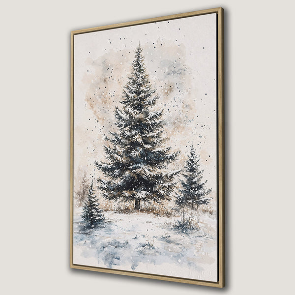 Framed Wall Art featuring a watercolor winter scene with snow-covered pine trees in a neutral color palette. Perfect for adding a touch of nature to your home.