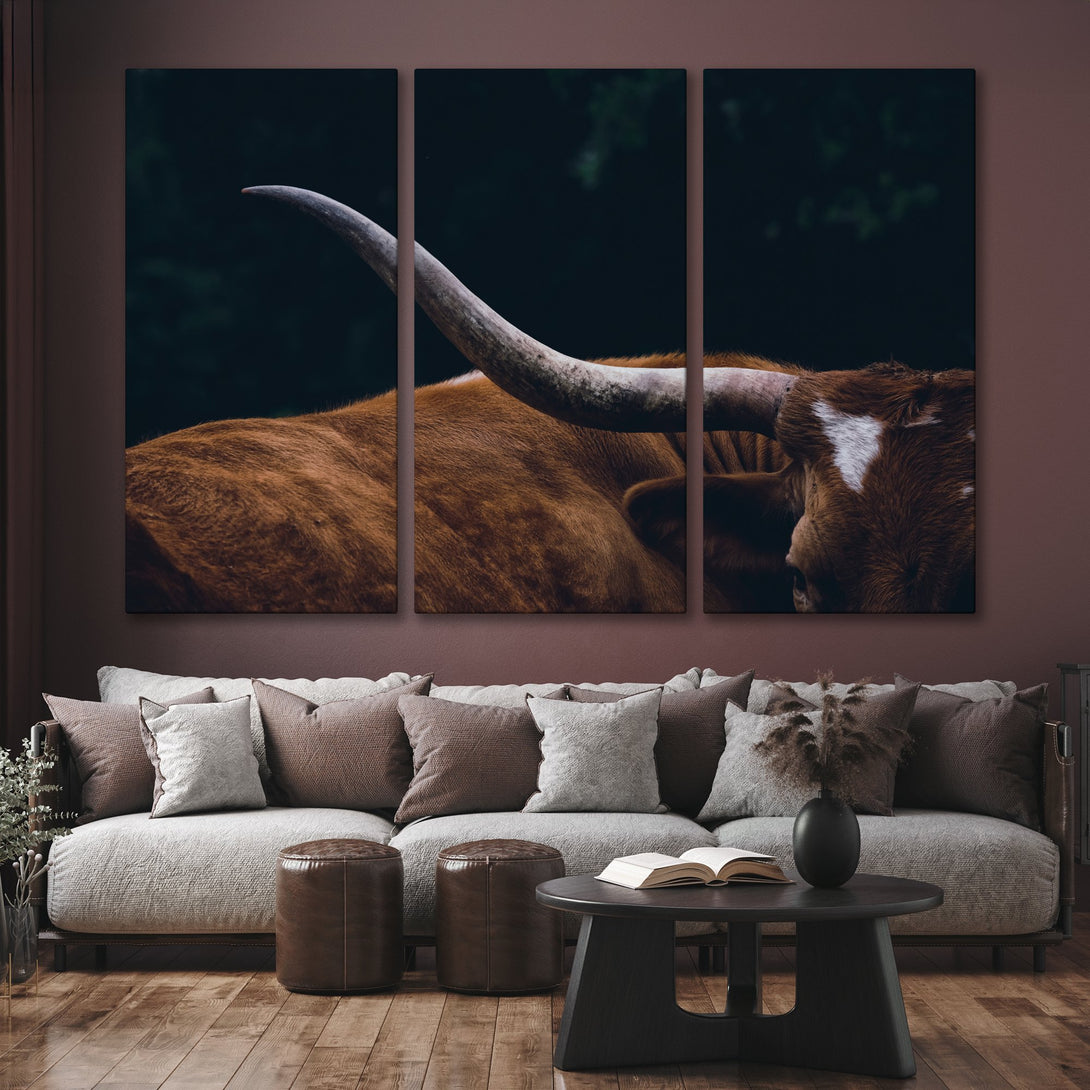 Canvas Print of a longhorn bull in warm brown tones, perfect for rustic or modern decor. Bring the beauty of nature indoors.