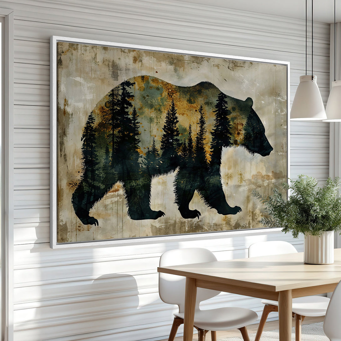 Framed Wall Art featuring a bear silhouette with a forest overlay. Rustic style with a neutral & green color palette, perfect for cabin decor.