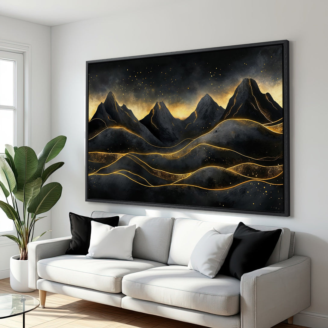 Framed Wall Art: Abstract mountain landscape in black & gold. Modern Canvas Print with a striking color palette, perfect for any interior design.