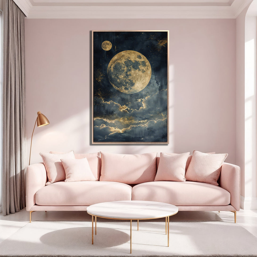 Framed Wall Art featuring a celestial moonscape in navy, gold, and teal. Perfect for adding a touch of elegance to your living room. Shop now!