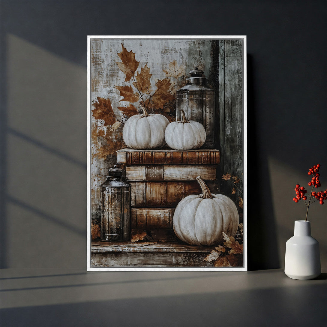 Framed Wall Art featuring pumpkins, leaves, and lanterns in a rustic style with a warm, earthy color palette. Perfect fall decor!