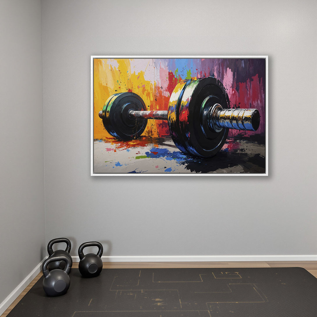 Framed Wall Art: Abstract dumbbell painting with a vibrant, colorful palette. Perfect for gym decor or fitness enthusiasts. Add art to your workout space!