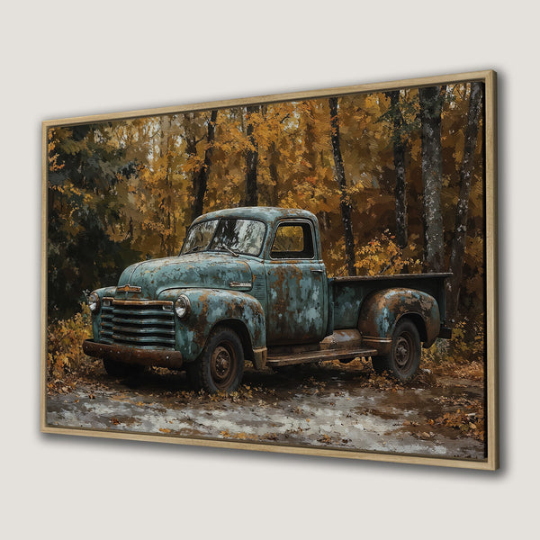 Framed Wall Art: Vintage teal truck in autumn forest, rustic style. Warm orange and brown color palette. Perfect for adding character to your space.