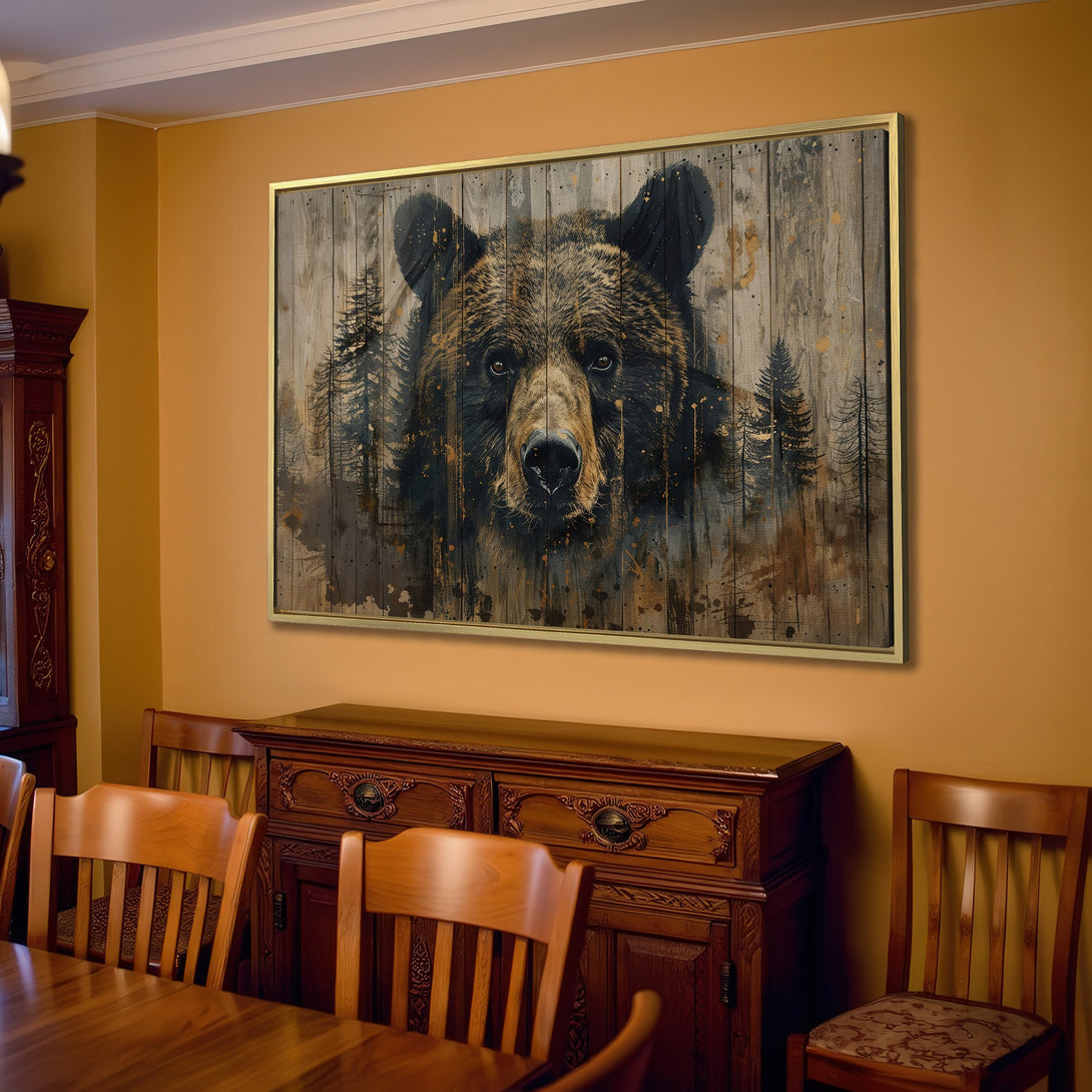 Canvas Print featuring a majestic bear portrait, rustic style, warm earthy tones. Perfect for adding a touch of nature to your home decor.
