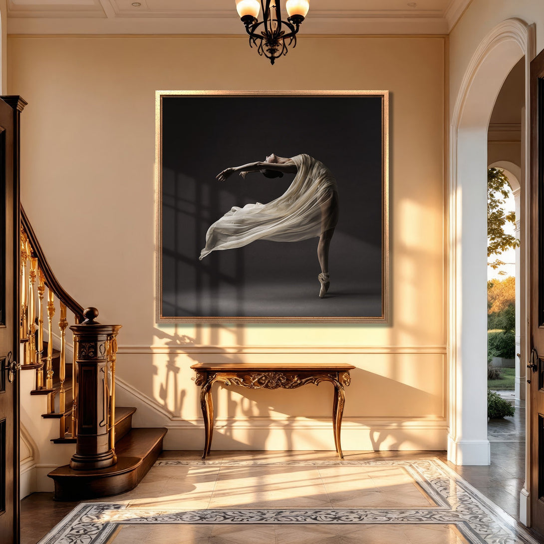 Framed Wall Art featuring a graceful ballerina in flowing fabric, displayed in a luxurious interior. Neutral, elegant color palette. Perfect for home decor.