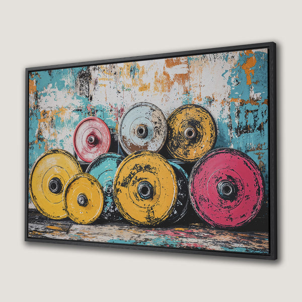 Framed Wall Art: Abstract weight plates in vibrant yellow, pink, and blue against a textured background. Perfect for a modern gym or home decor.