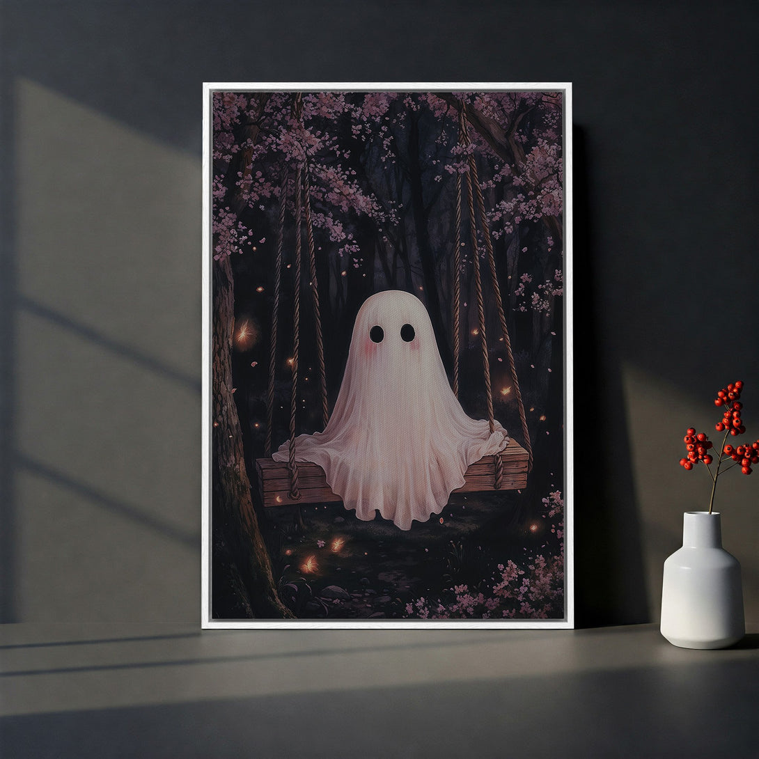 Framed Wall Art: Adorable ghost on a swing in a whimsical forest scene. Soft pink and dark tones create a cozy, enchanting atmosphere. Perfect for your home!