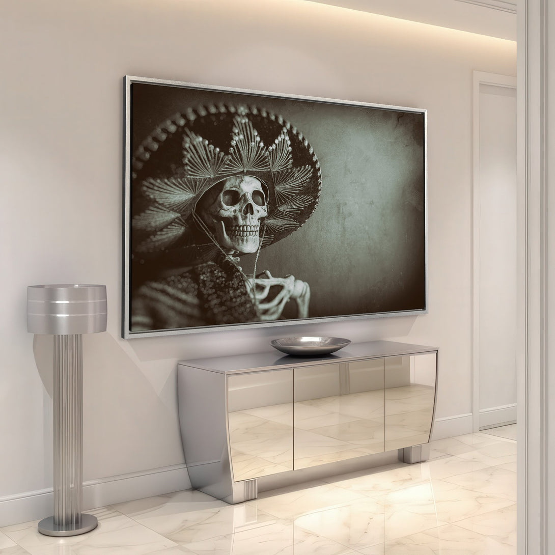 Framed Wall Art: Dia de los Muertos skeleton in a sombrero. Vintage style, sepia tones. Perfect for adding unique art to your home decor.