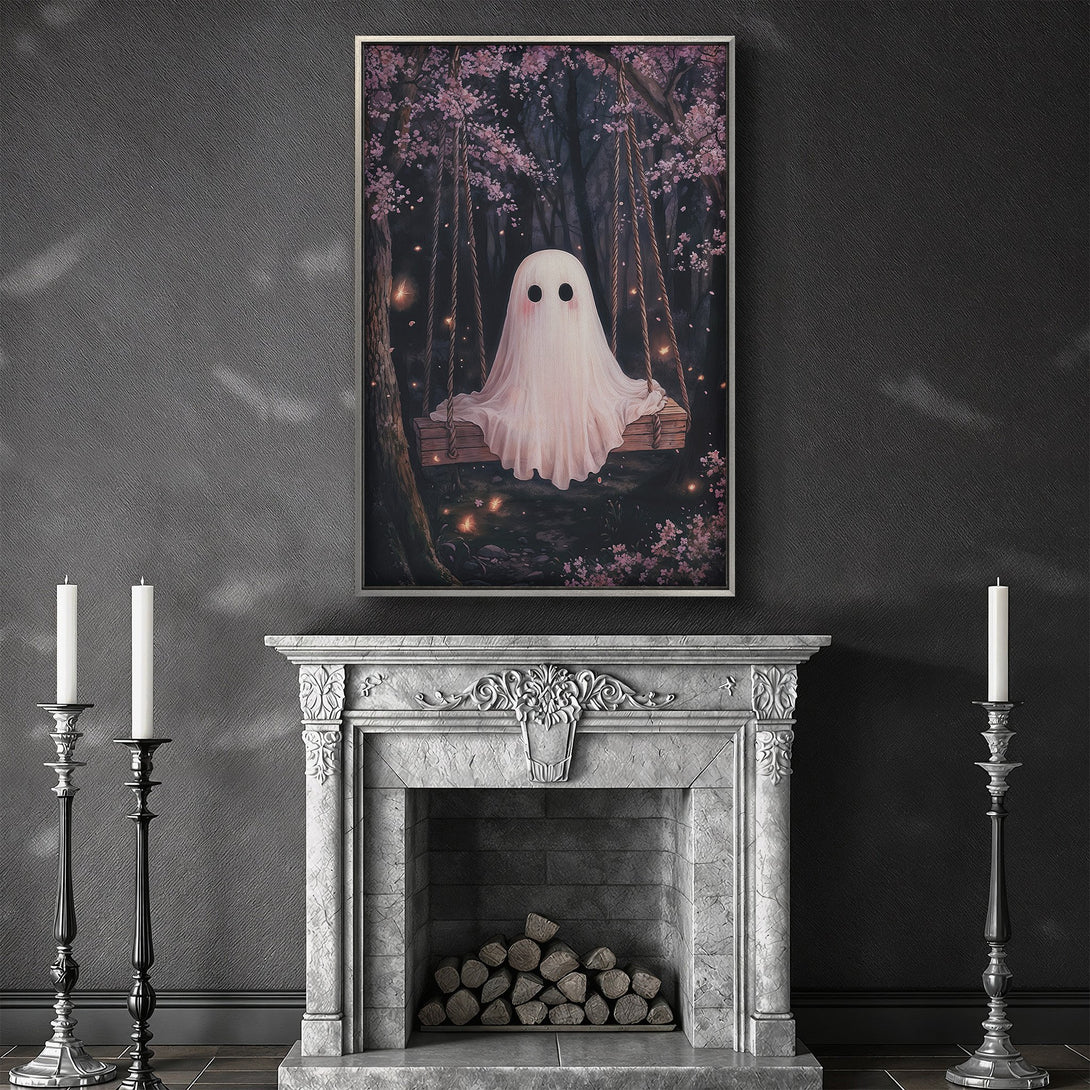 Framed Wall Art: Adorable ghost swinging in a whimsical forest scene. Soft pinks and dark greens create a dreamy, enchanting aesthetic. Perfect for adding a touch of magic!