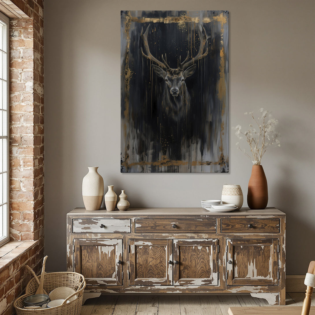 Framed Wall Art: Majestic deer painting in black and gold, adding a touch of elegance to any dining room. Perfect for modern and rustic decor.