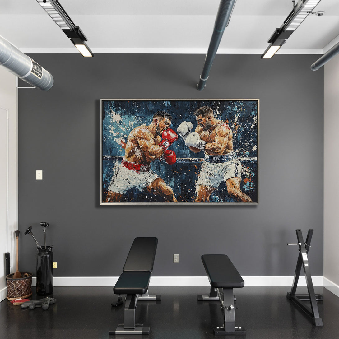 Framed Wall Art of boxers in action, bold brushstroke style, blue and red accents, displayed in a modern gym setting.