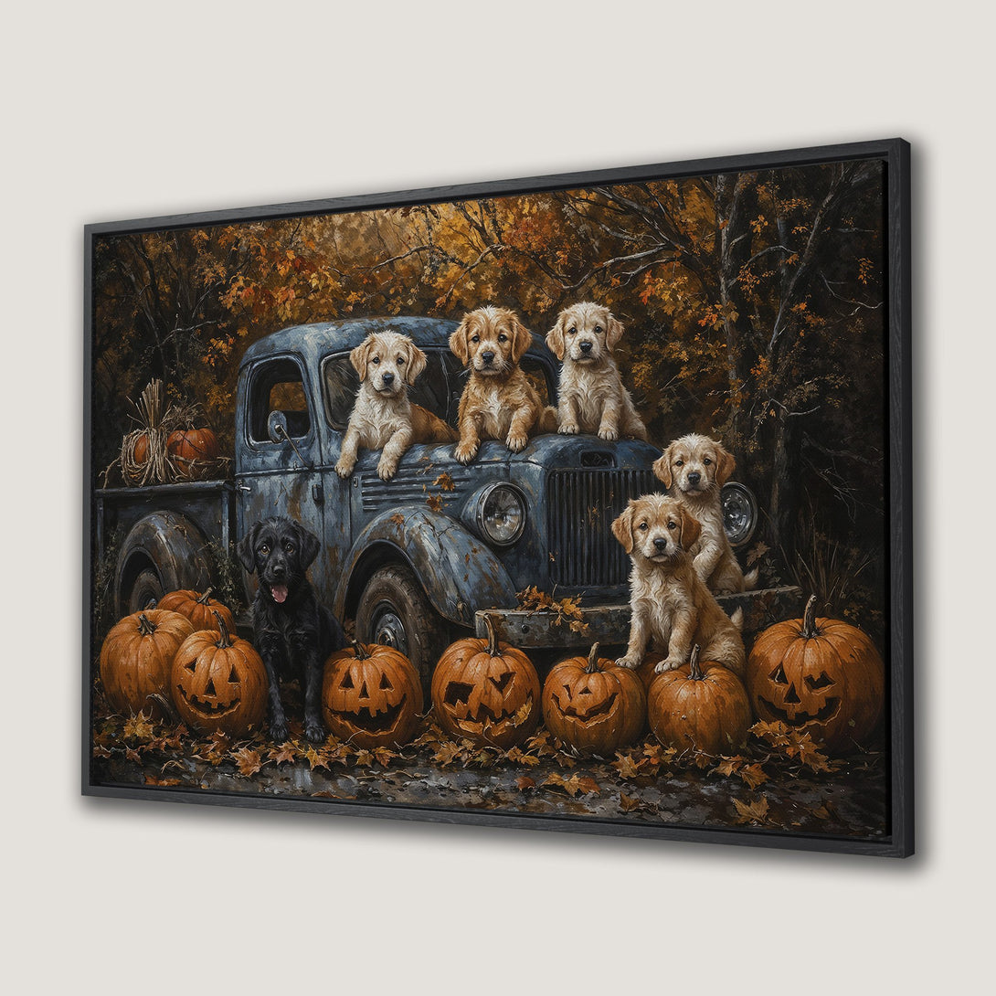 Framed Wall Art featuring puppies, pumpkins, and an old truck in autumn colors. Perfect fall decor!