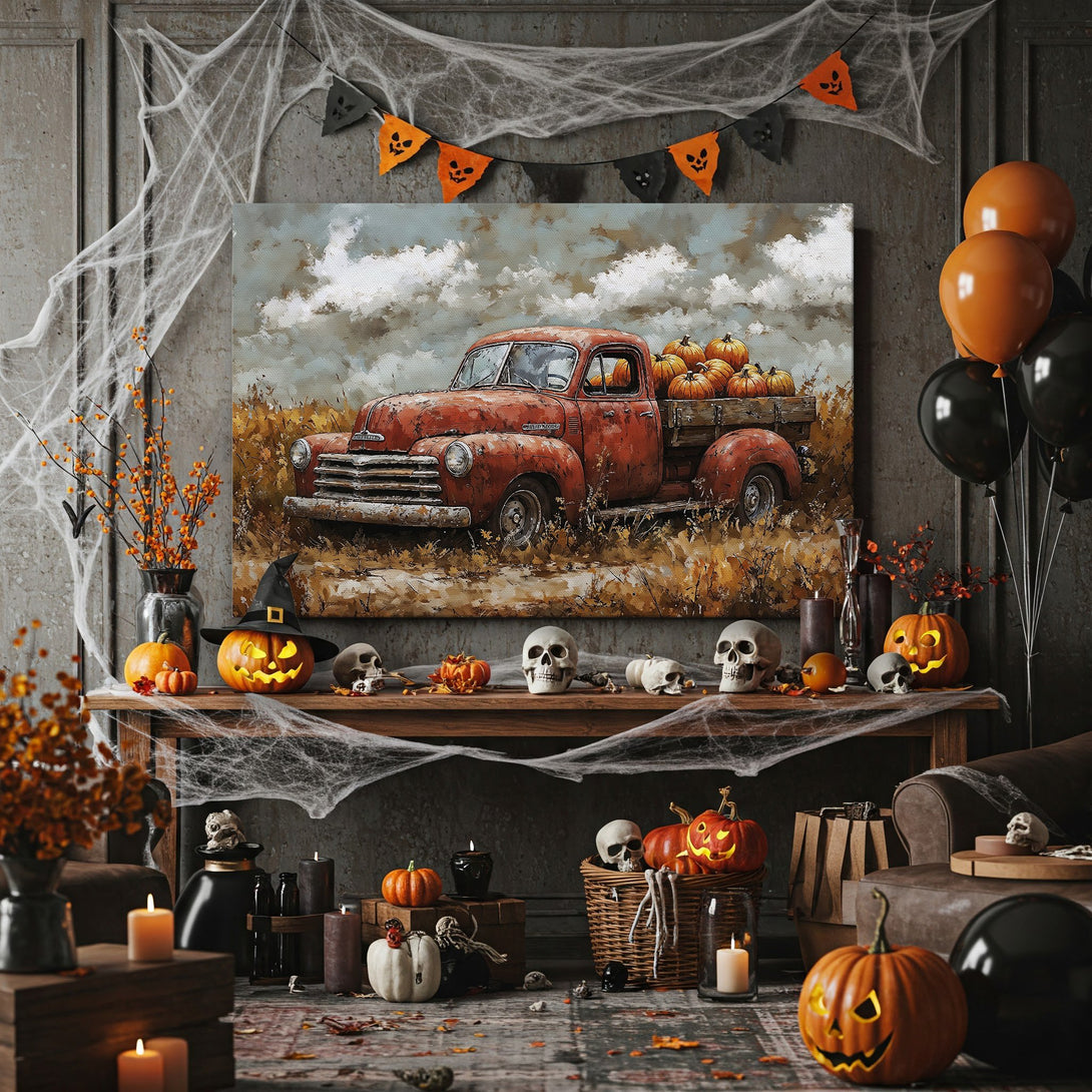 Framed Wall Art: Rustic autumn truck with pumpkins. Warm orange & brown tones create a cozy fall vibe. Perfect Halloween decor!