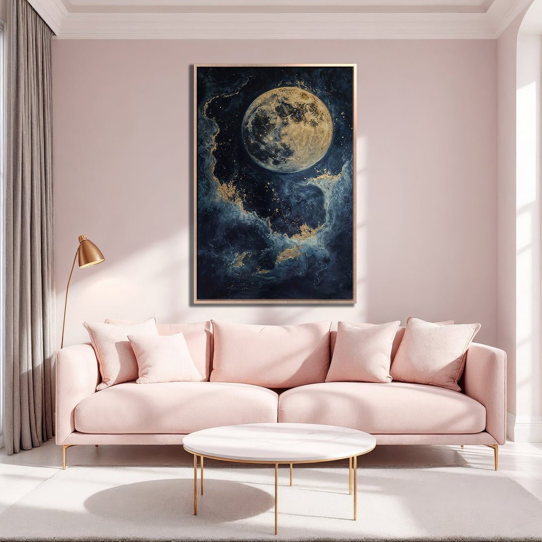 Framed Wall Art featuring a celestial moon painting in blue and gold tones. Modern Canvas Print adds a touch of elegance to any room.