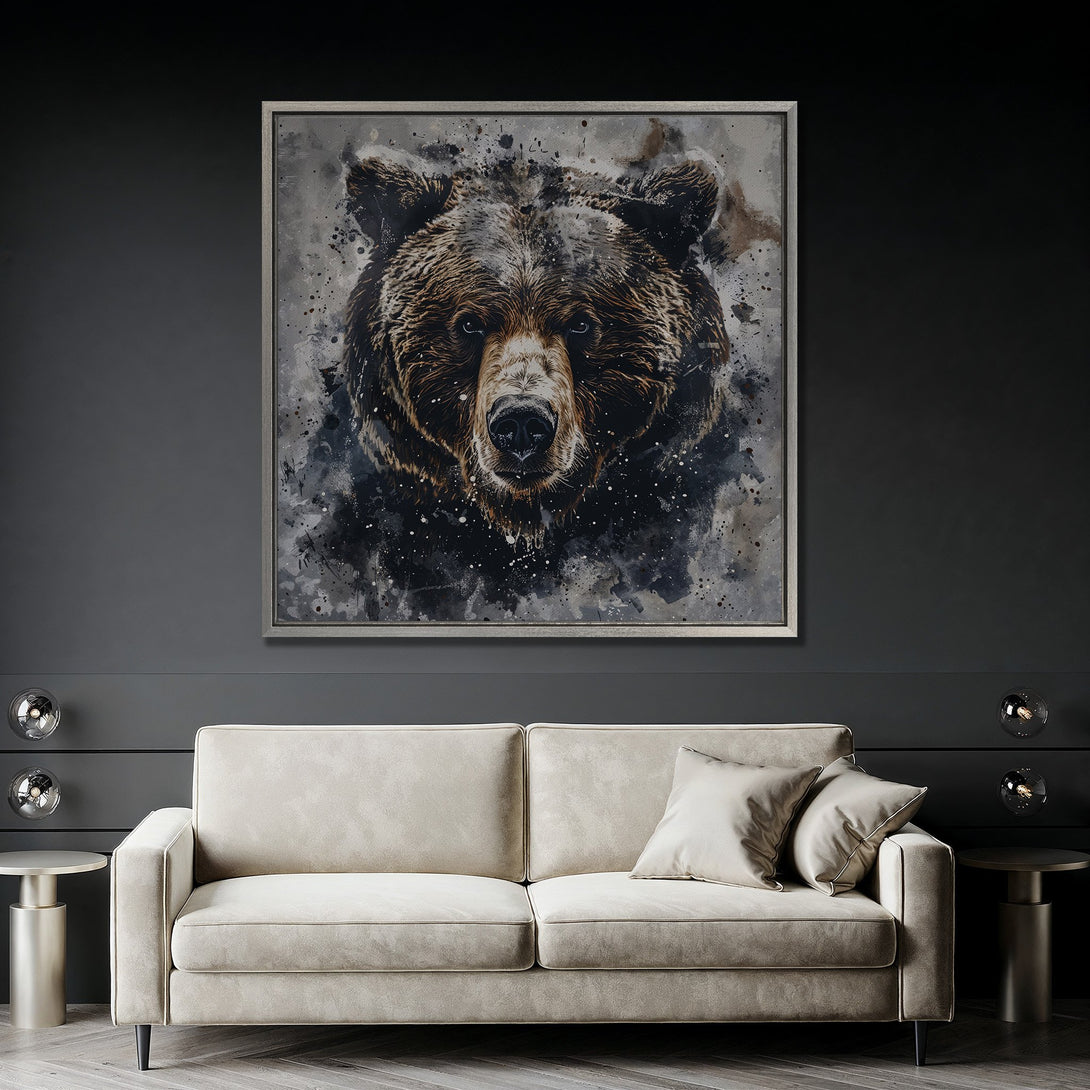 Framed Wall Art: Grizzly bear portrait in watercolor style. Earthy brown tones with dark gray and white accents. Modern art for living room decor.