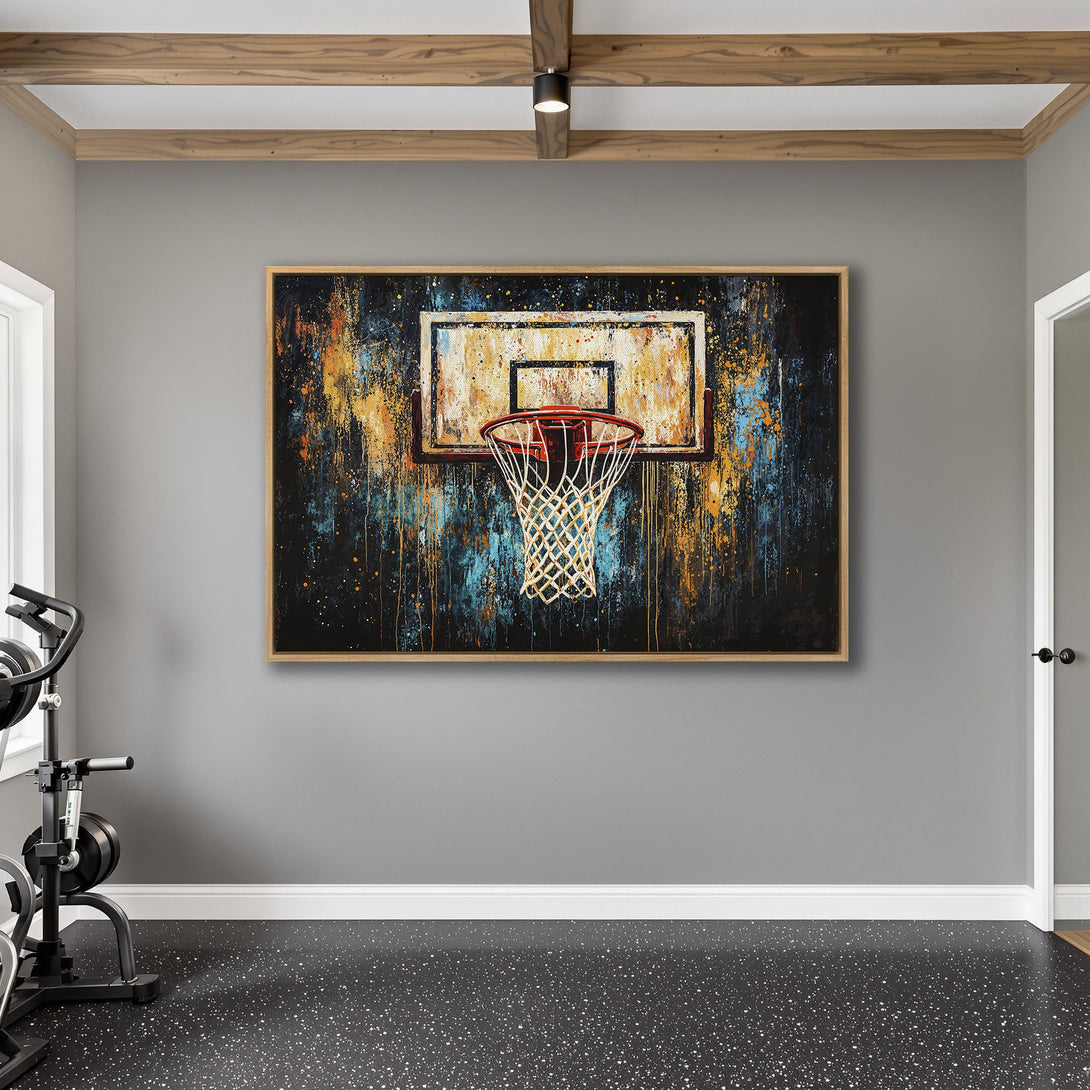 Framed Wall Art: Abstract basketball hoop art with a vibrant blue, orange, and black color palette. Perfect for adding a sporty touch to your home gym!