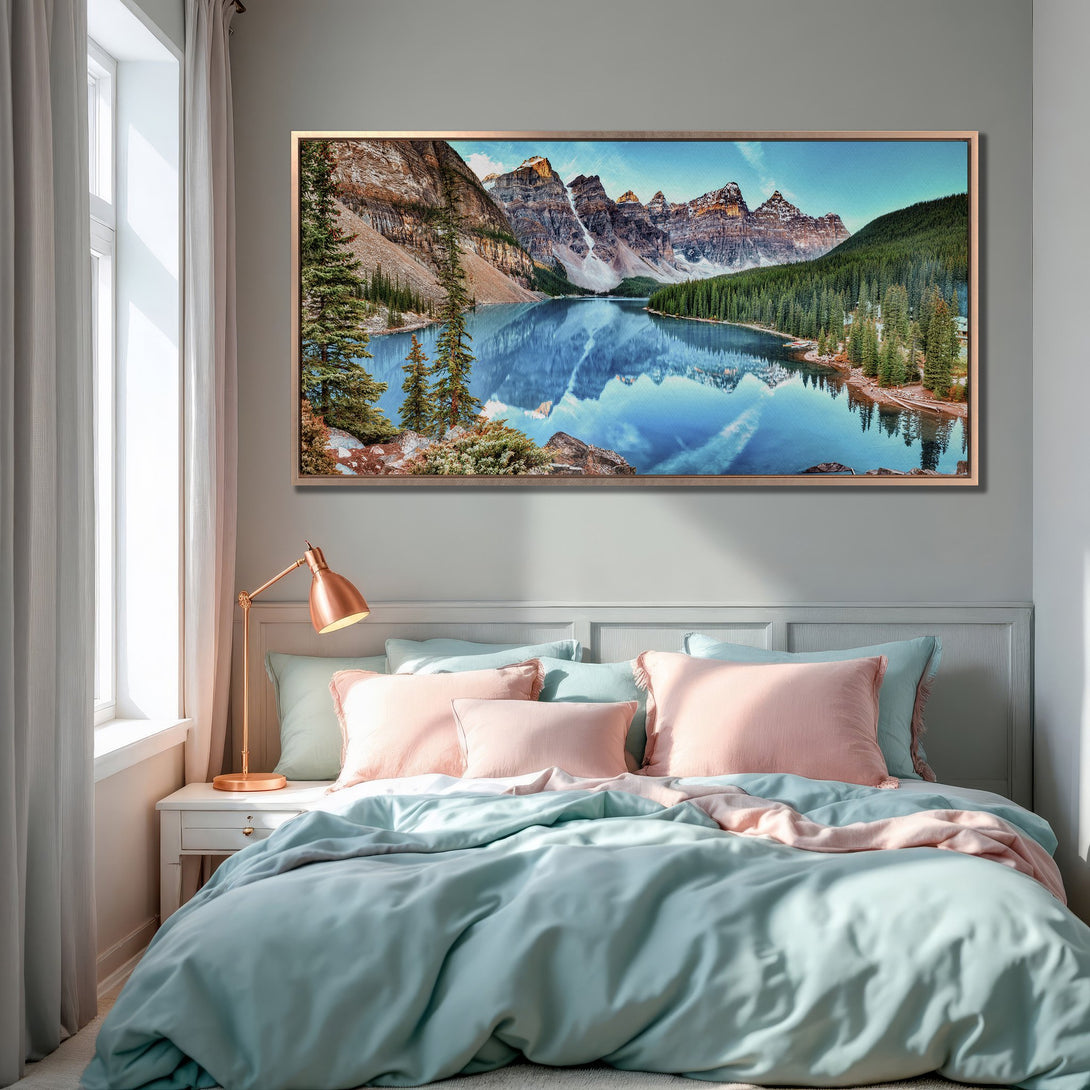 Framed Wall Art: Stunning mountain lake landscape in a bedroom. Blue, green, and pink color palette. Elevate your space with this beautiful Canvas Print!