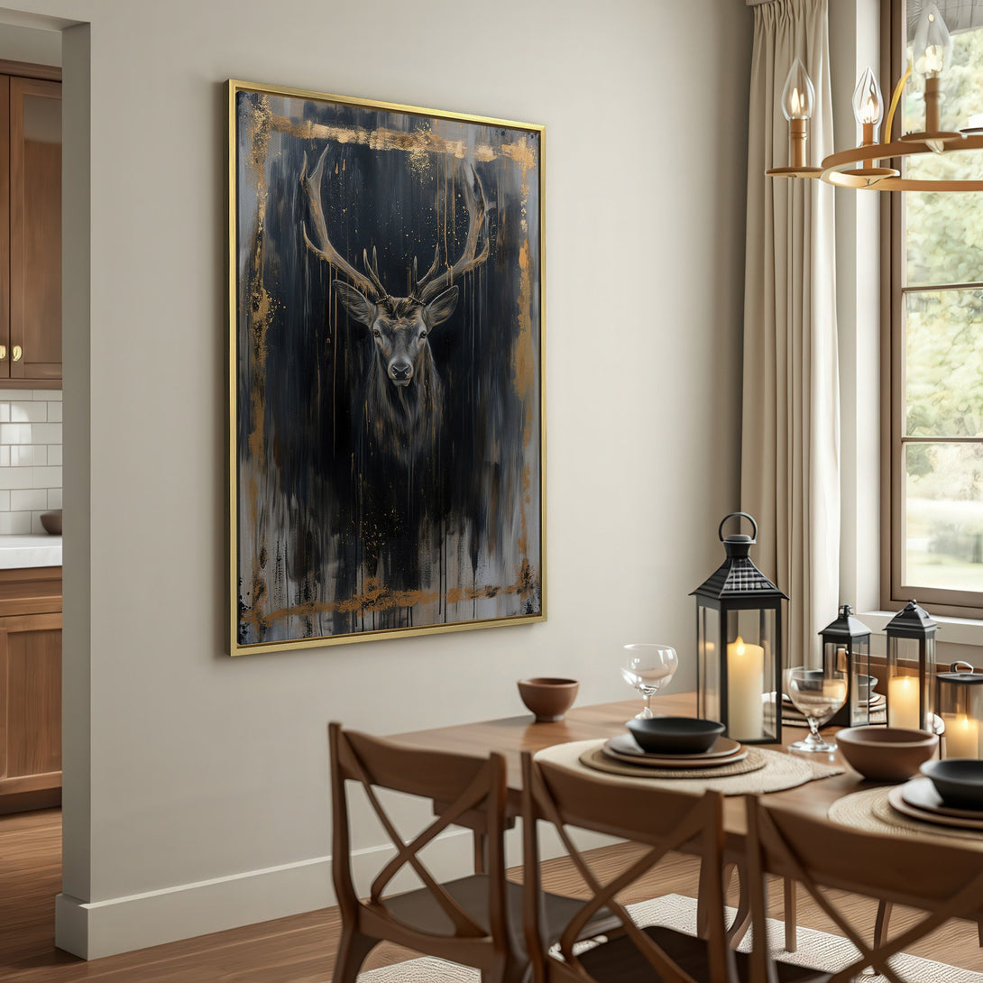 Canvas Print of a majestic stag in a dark, abstract style with gold accents. Modern wall art with a moody, neutral color palette.