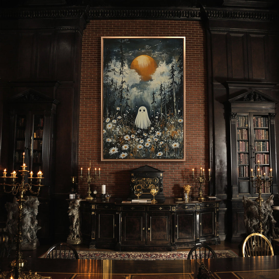 Framed Wall Art: Whimsical ghost painting in a dark, moody interior. Features a cute ghost in a field, with a warm color palette. Perfect spooky decor!