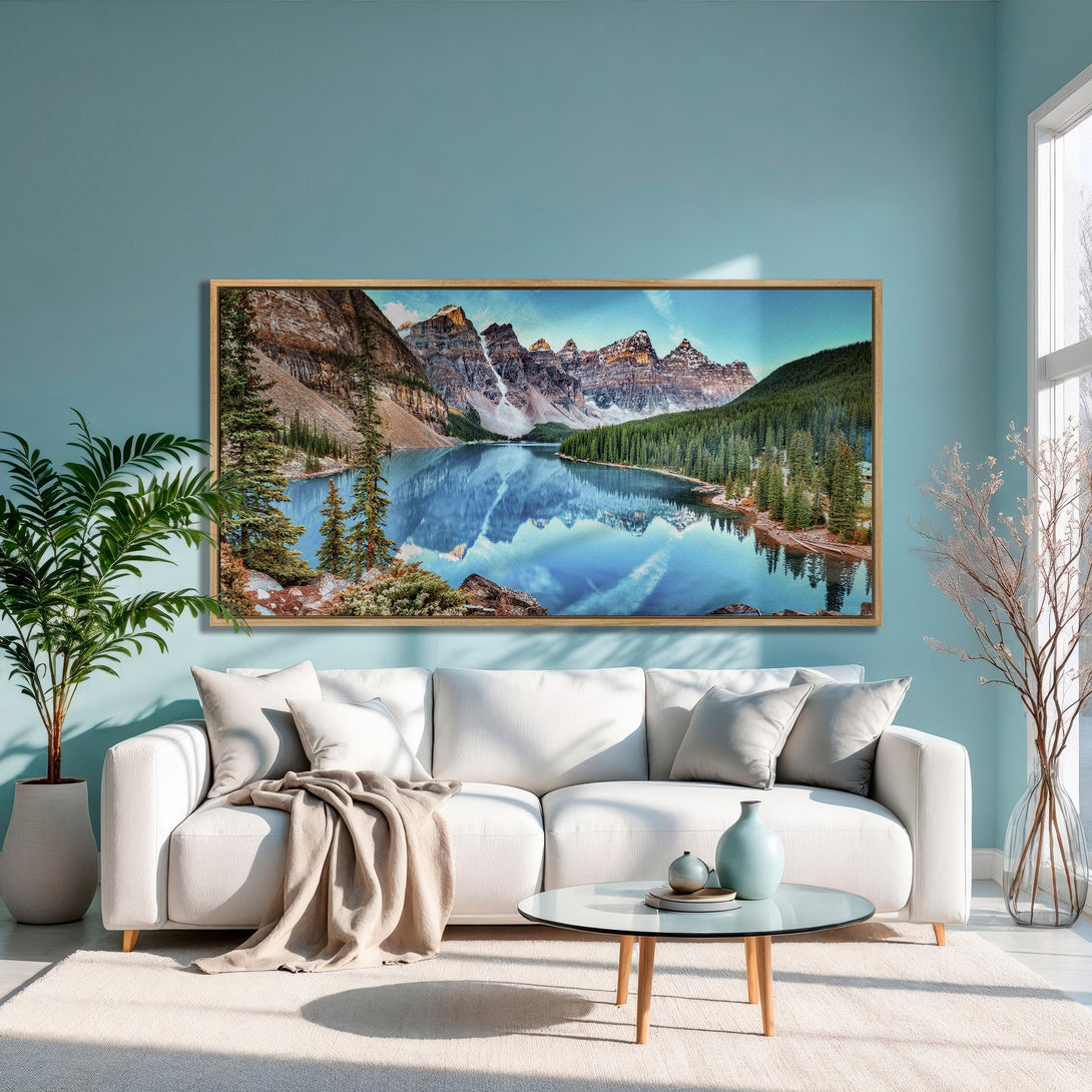 Framed Wall Art of a serene mountain lake scene in a modern interior. Blue, teal, and natural tones create a calming aesthetic. Perfect for home decor!