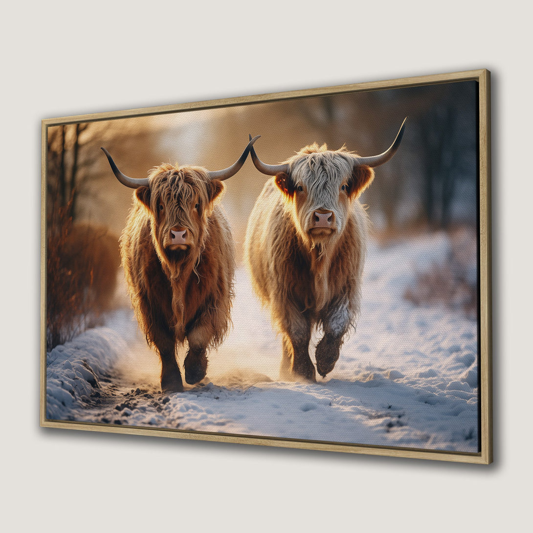 Framed Wall Art: Majestic Highland cows in a winter landscape. Warm, earthy tones and a touch of sunlight create a stunning rustic decor piece.