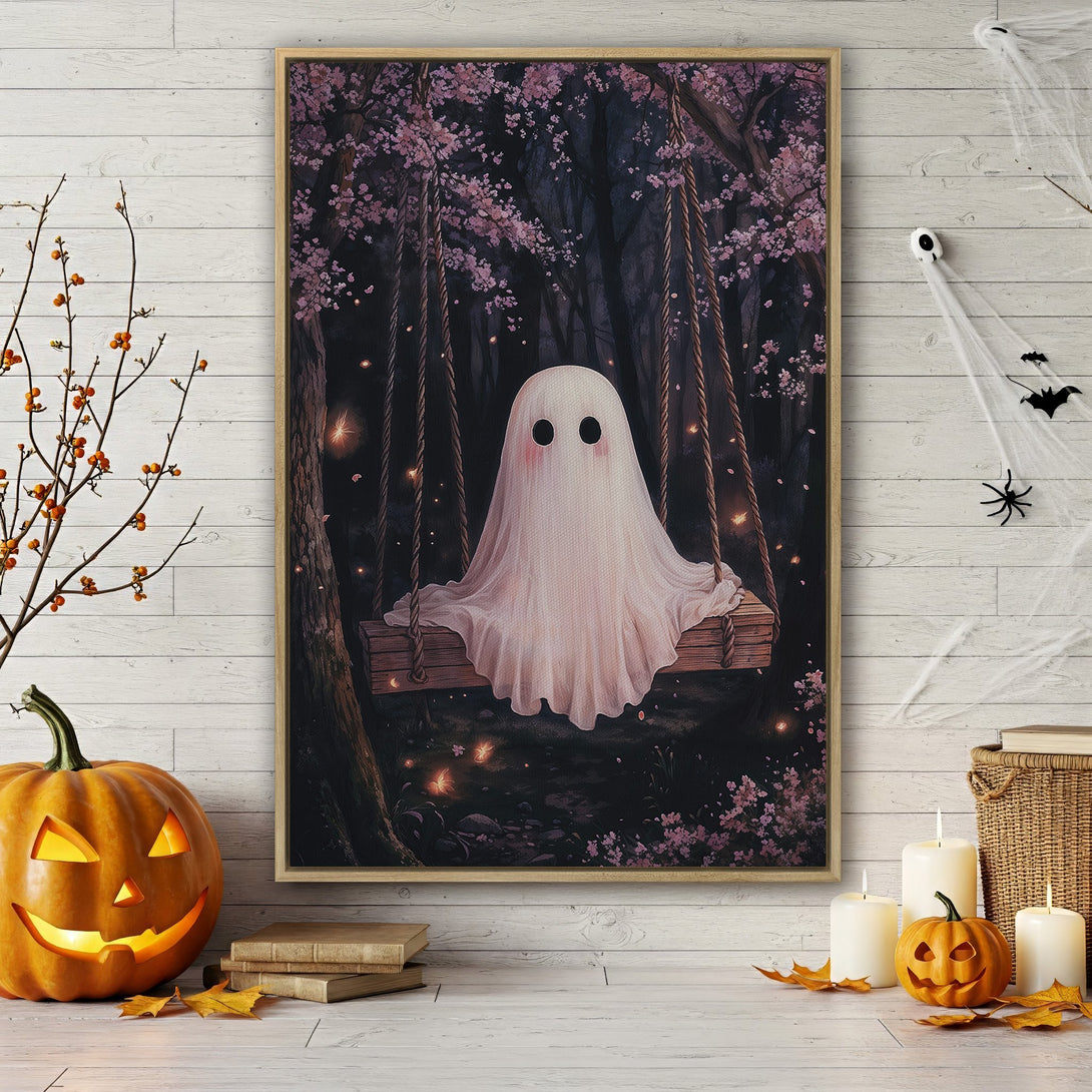 Framed Wall Art: Whimsical ghost on a swing in a magical forest. Soft pink and dark green color palette. Perfect Halloween home decor.