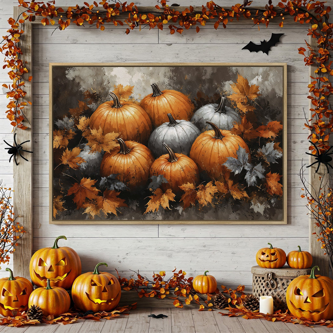Framed Wall Art featuring pumpkins and fall leaves. Warm orange and brown tones create a cozy autumn vibe. Perfect Halloween decor!