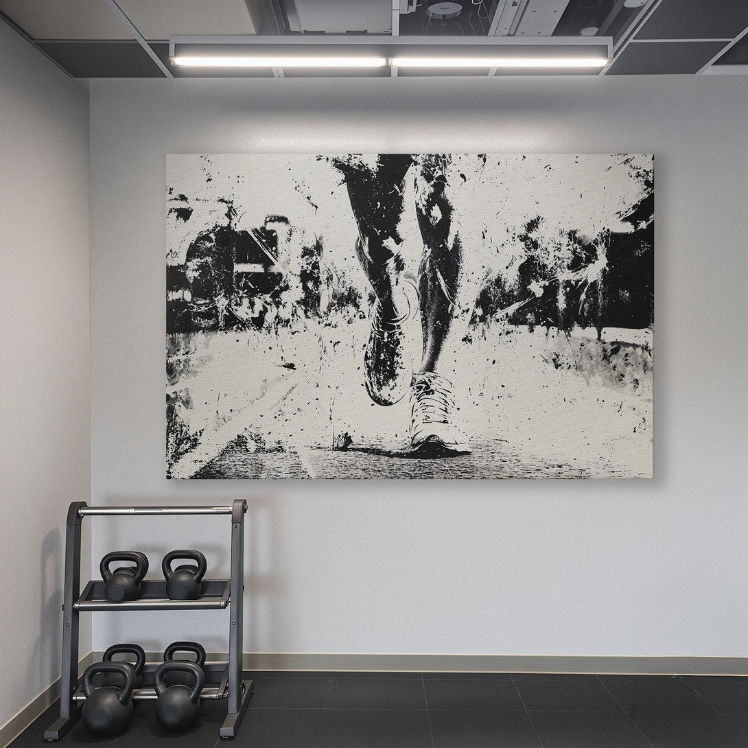 Framed Wall Art featuring a runner in motion, abstract black and white art. Modern style, displayed in a teal interior. Elevate your space!