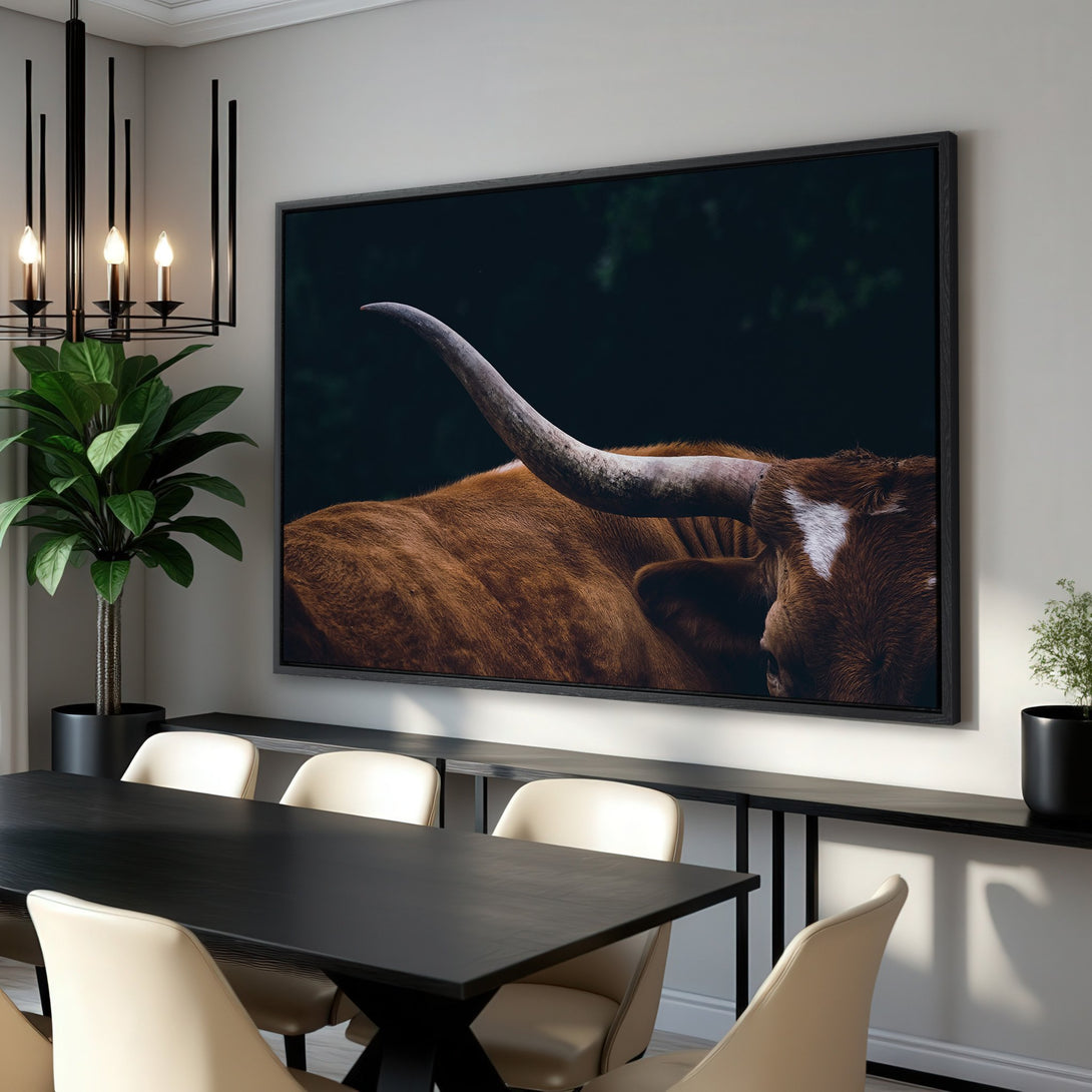 Framed Wall Art: Stunning close-up of a Texas Longhorn. Rustic, warm tones of brown and dark green create a dramatic, modern look. Perfect for any space.