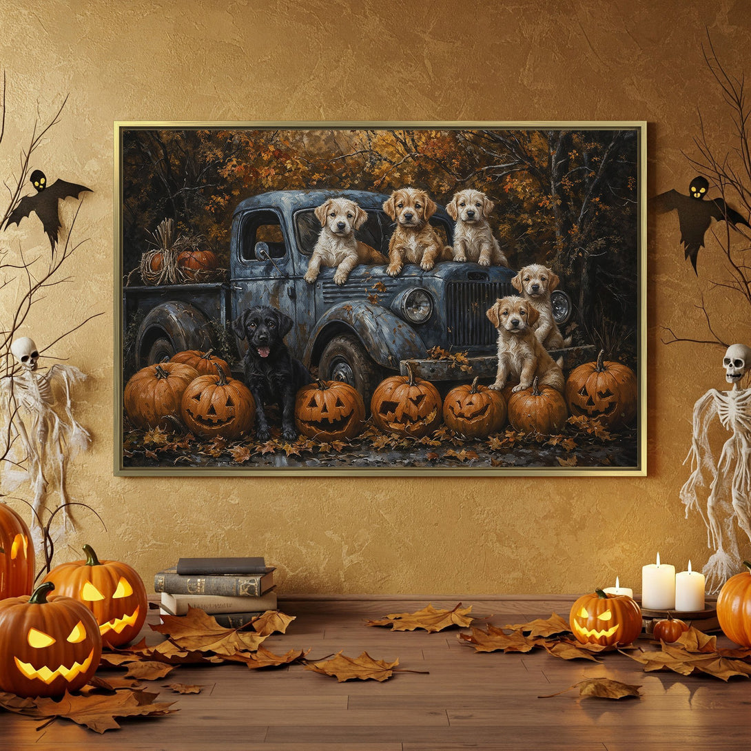 Canvas Print: Adorable puppy art in a Halloween-themed room. Warm, autumnal color palette with pumpkins & spooky decor. Perfect fall wall art!