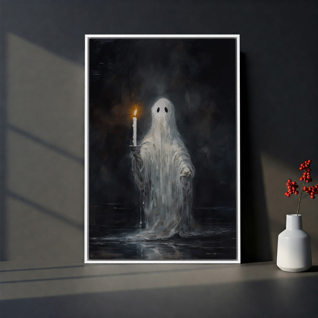 Framed Wall Art: Spooky ghost holding candle. Dark, moody painting with white, black, and orange tones. Perfect Halloween decor.