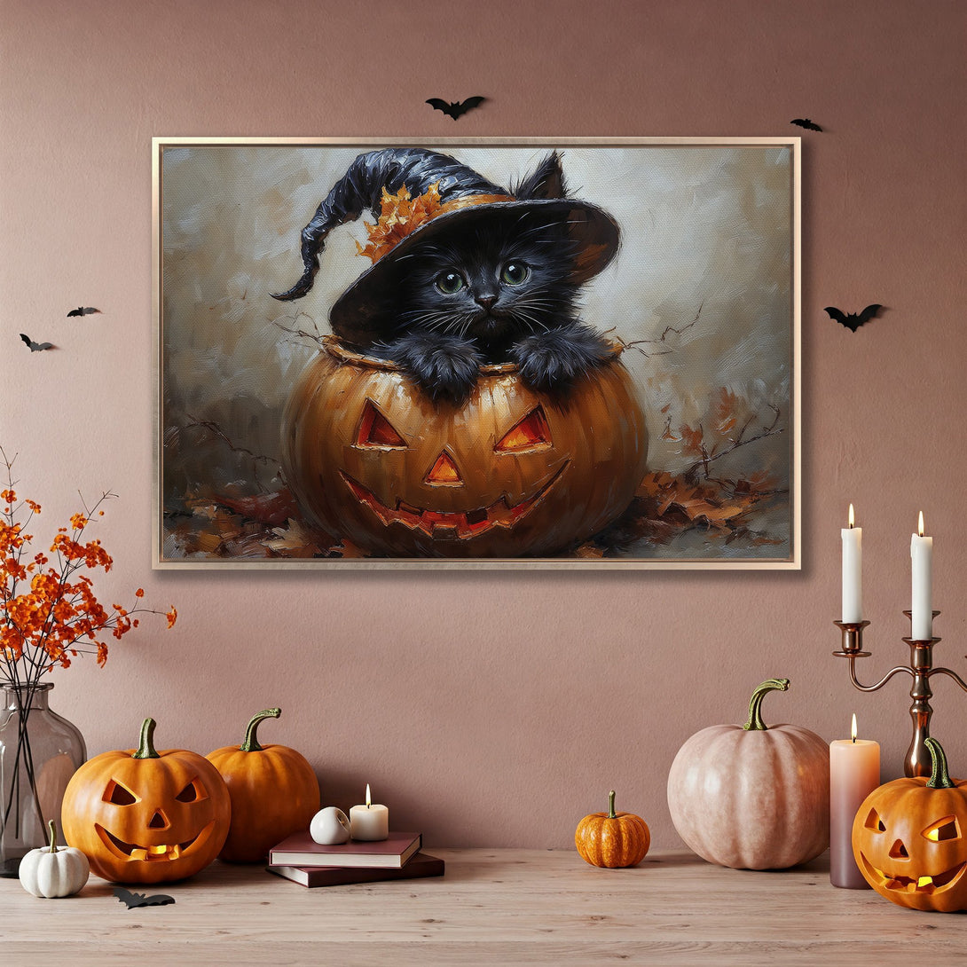 Framed Wall Art: Adorable Halloween cat in pumpkin. Charming oil painting style with warm orange and neutral tones. Perfect fall decor!