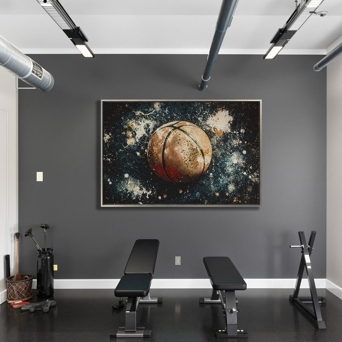 Framed Wall Art: Abstract basketball art in a modern gym. Features a grunge style with a teal, orange, and black color palette. Elevate your space!