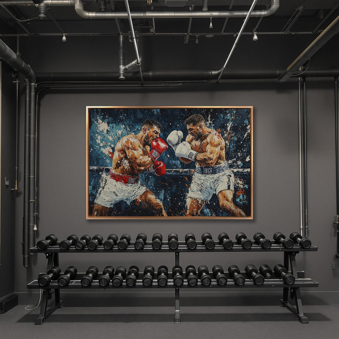 Framed Wall Art: Dynamic boxing match in a modern gym. Bold blue & white abstract art canvas print adds a powerful statement to any space.