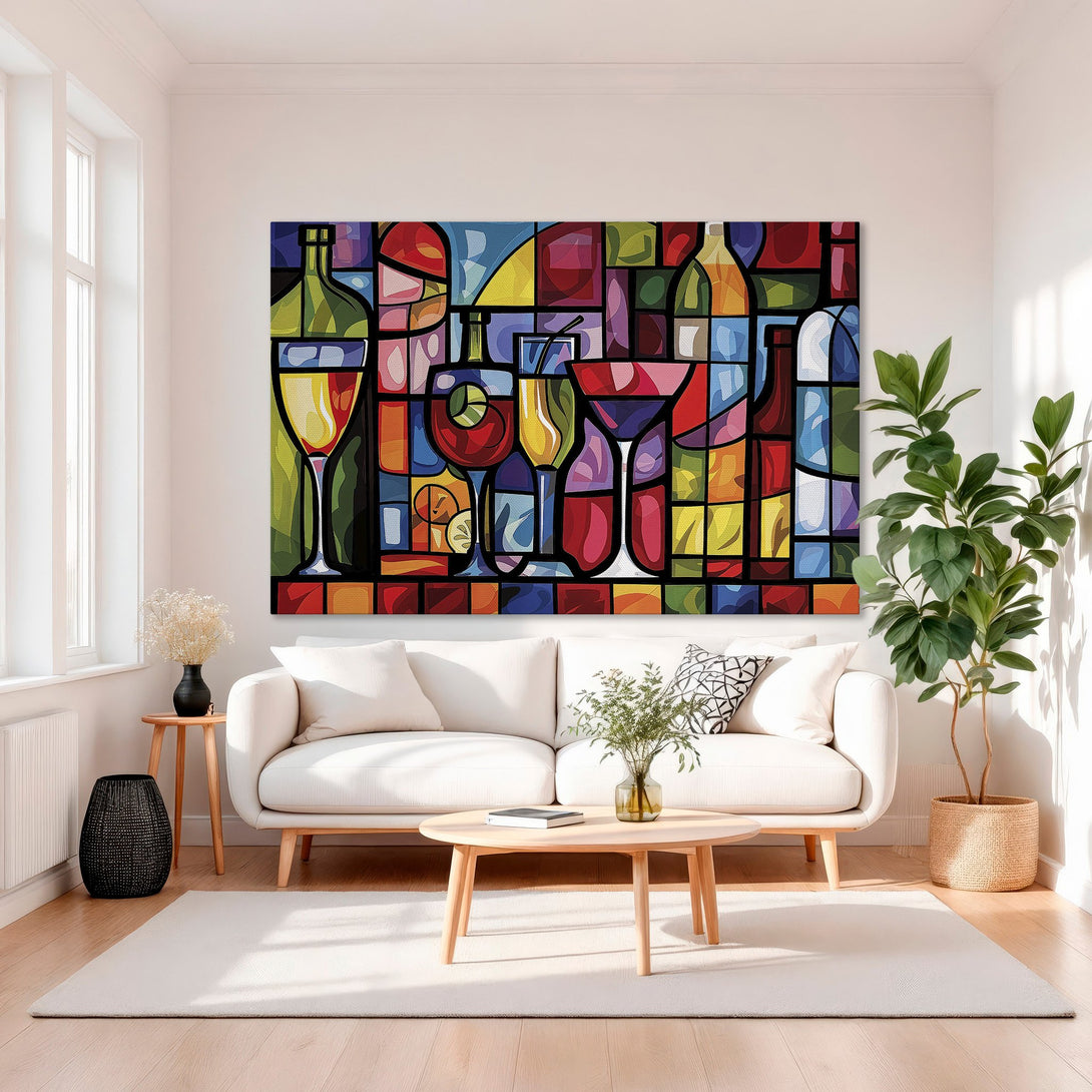 Framed Wall Art featuring a colorful, abstract bar scene. Vibrant, stained-glass style artwork with a bold, multi-colored palette. Perfect for adding a pop of art!