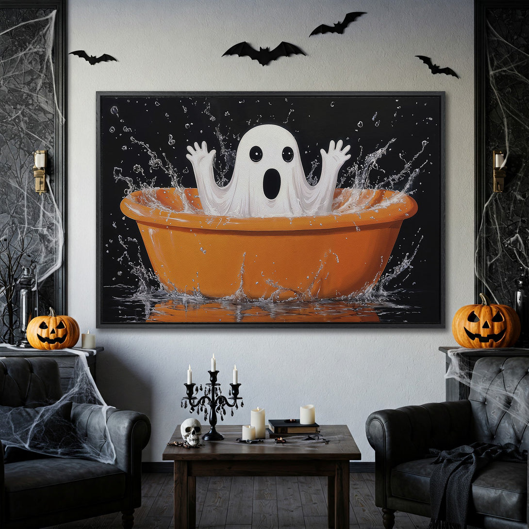 Framed Wall Art: Spooky ghost in a bathtub, Halloween decor. Black, orange, and white color palette. Perfect for a festive living room.