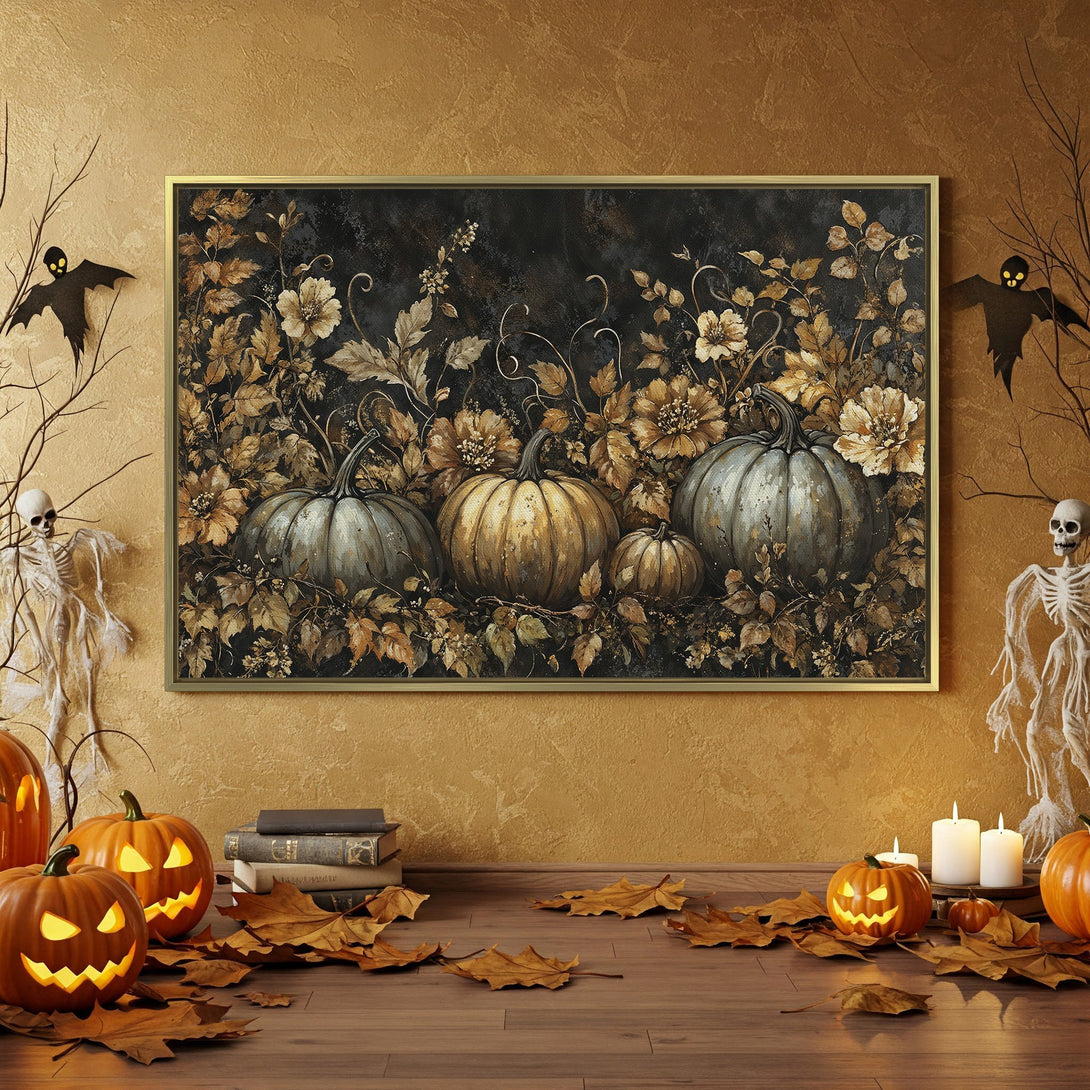 Canvas Print: Spooky Halloween decor featuring pumpkins, skulls, and floral art. Dark, moody color palette with orange and gold accents. Perfect for fall.