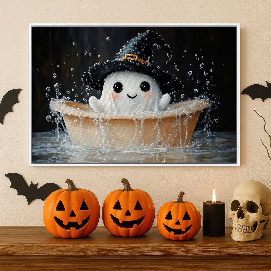 Framed Wall Art: Adorable ghost in a witch hat taking a bath. Whimsical Halloween decor in black, white, and orange. Perfect for spooky season!