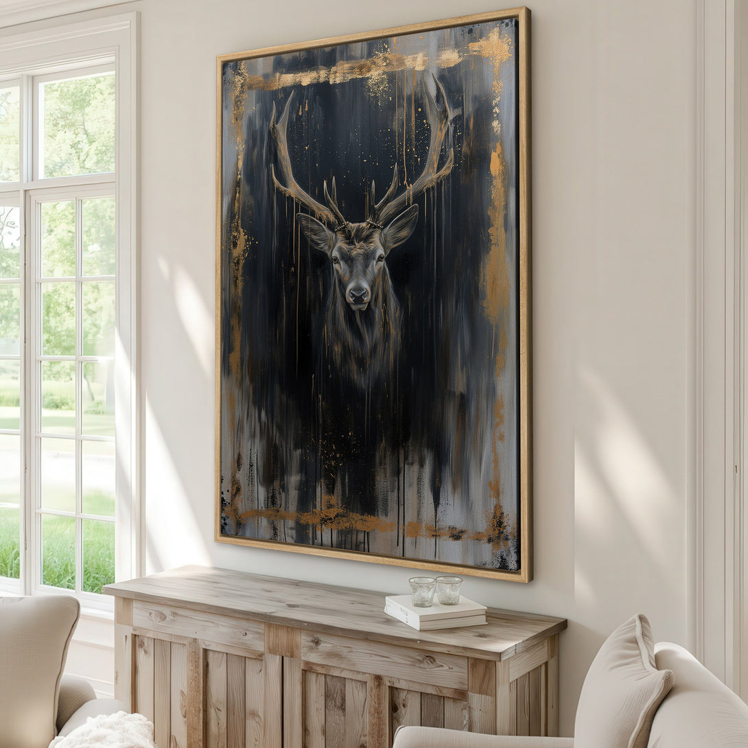 Framed Wall Art: Majestic stag portrait in a modern, abstract style. Dark, moody color palette with gold accents. Perfect for adding a touch of elegance.