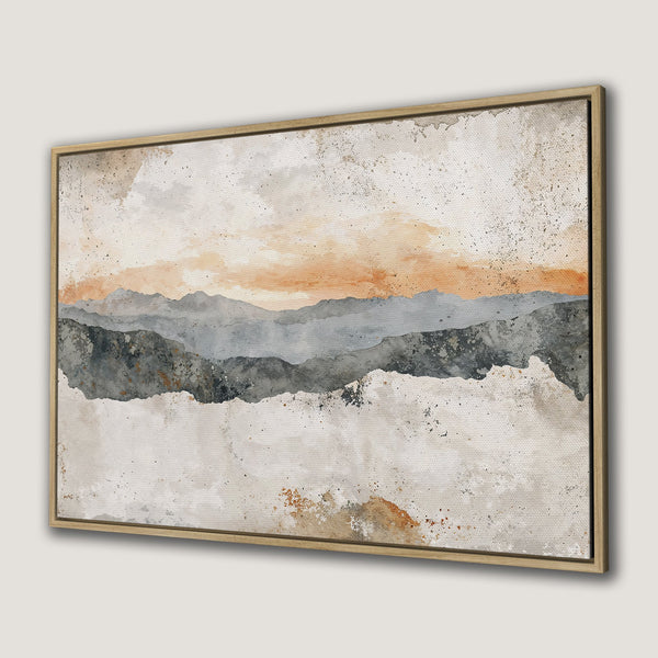 Framed Wall Art featuring an abstract watercolor landscape in neutral tones with pops of orange. Add serenity to your space with this Canvas Print.