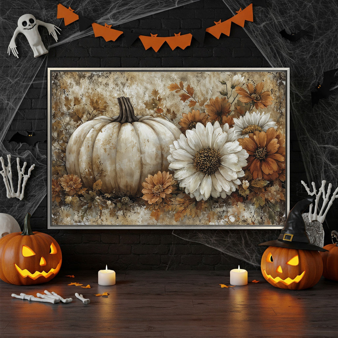 Framed Wall Art featuring a pumpkin and flowers in warm autumnal tones. Perfect Halloween decor! Canvas Print adds a touch of seasonal charm.