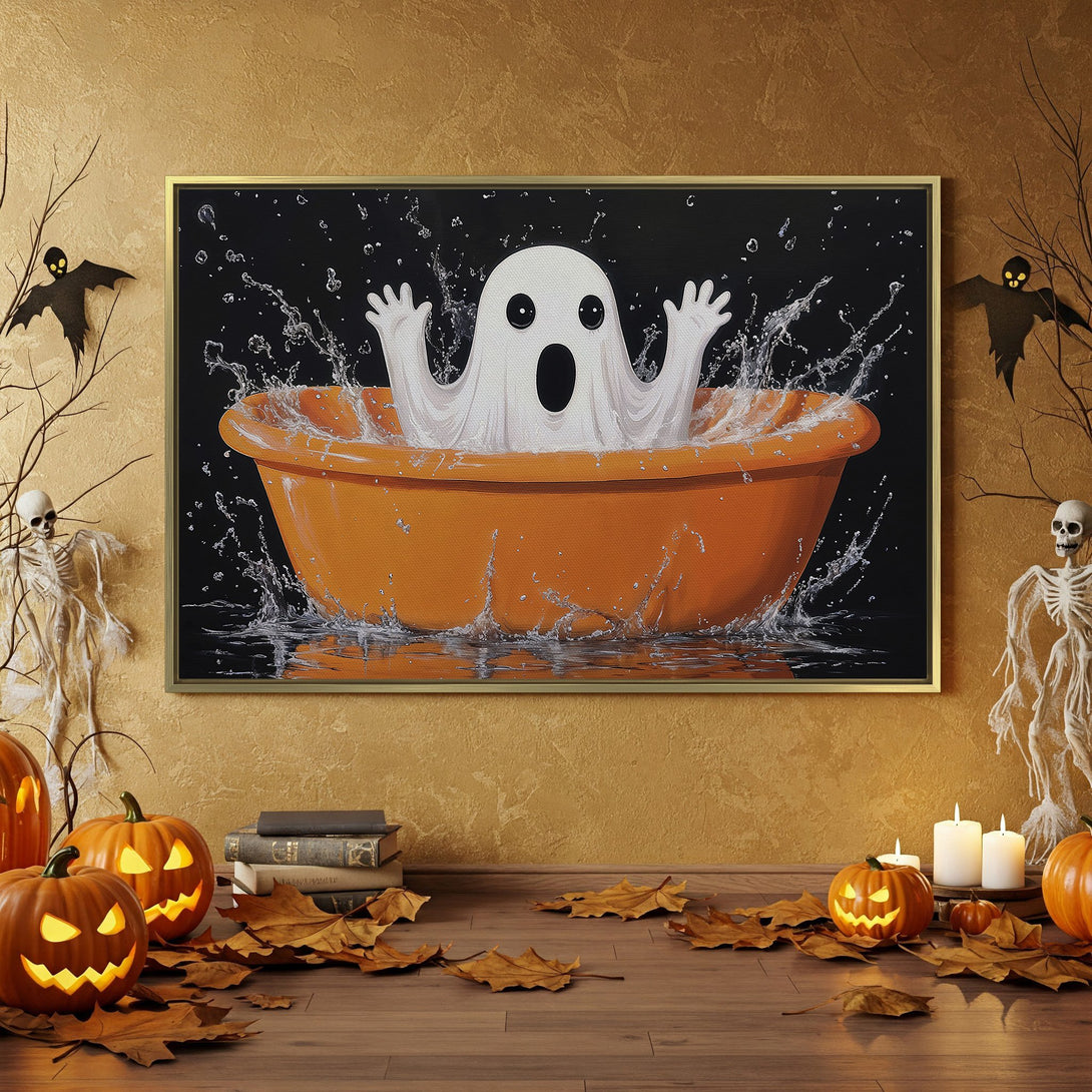 Halloween Canvas Print featuring a ghost in an orange tub, with a spooky black, white, and orange color palette. Perfect for seasonal decor!